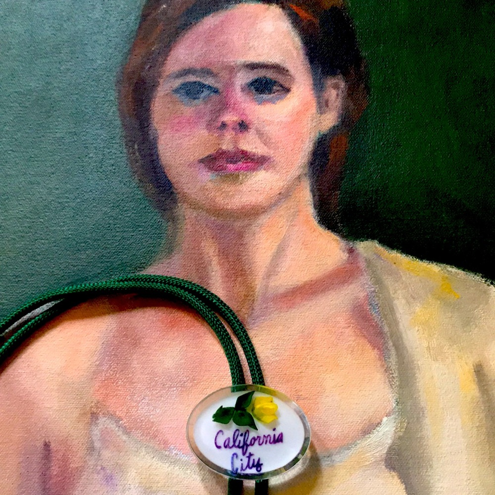 CALIFORNIA CITY bolo tie, MCM yellow rose, acrylic